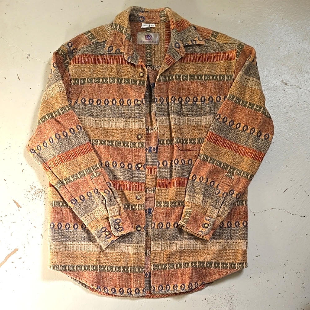 Vtg The Territory Ahead Men's Button Up Tapestery Brown Striped Shirt Med Tall